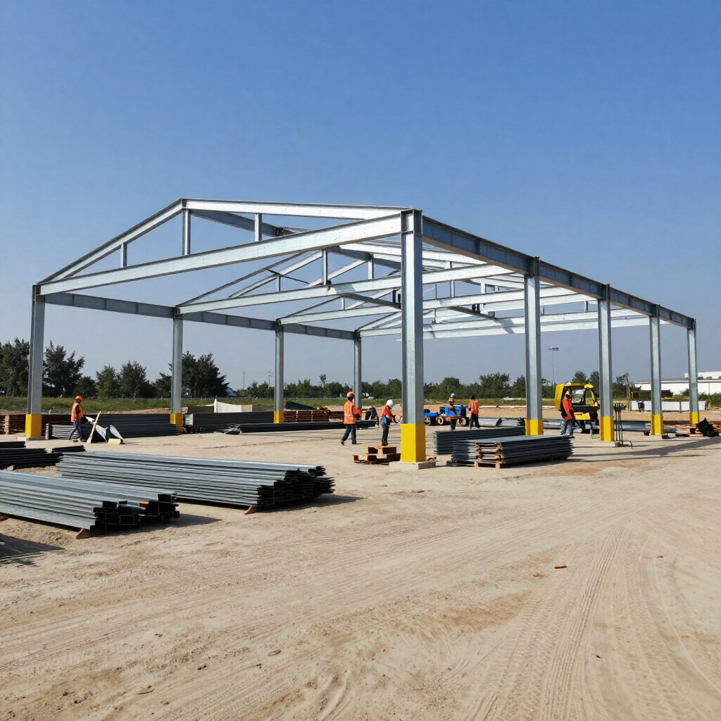 Steel frame building under construction on a dirt lot, with workers, equipment, and stacked materials.