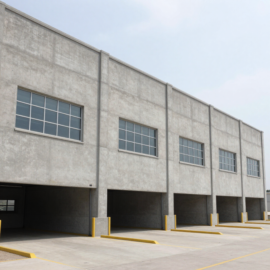 Concrete warehouse loading docks with roll-up bays and small windows under a clear sky
