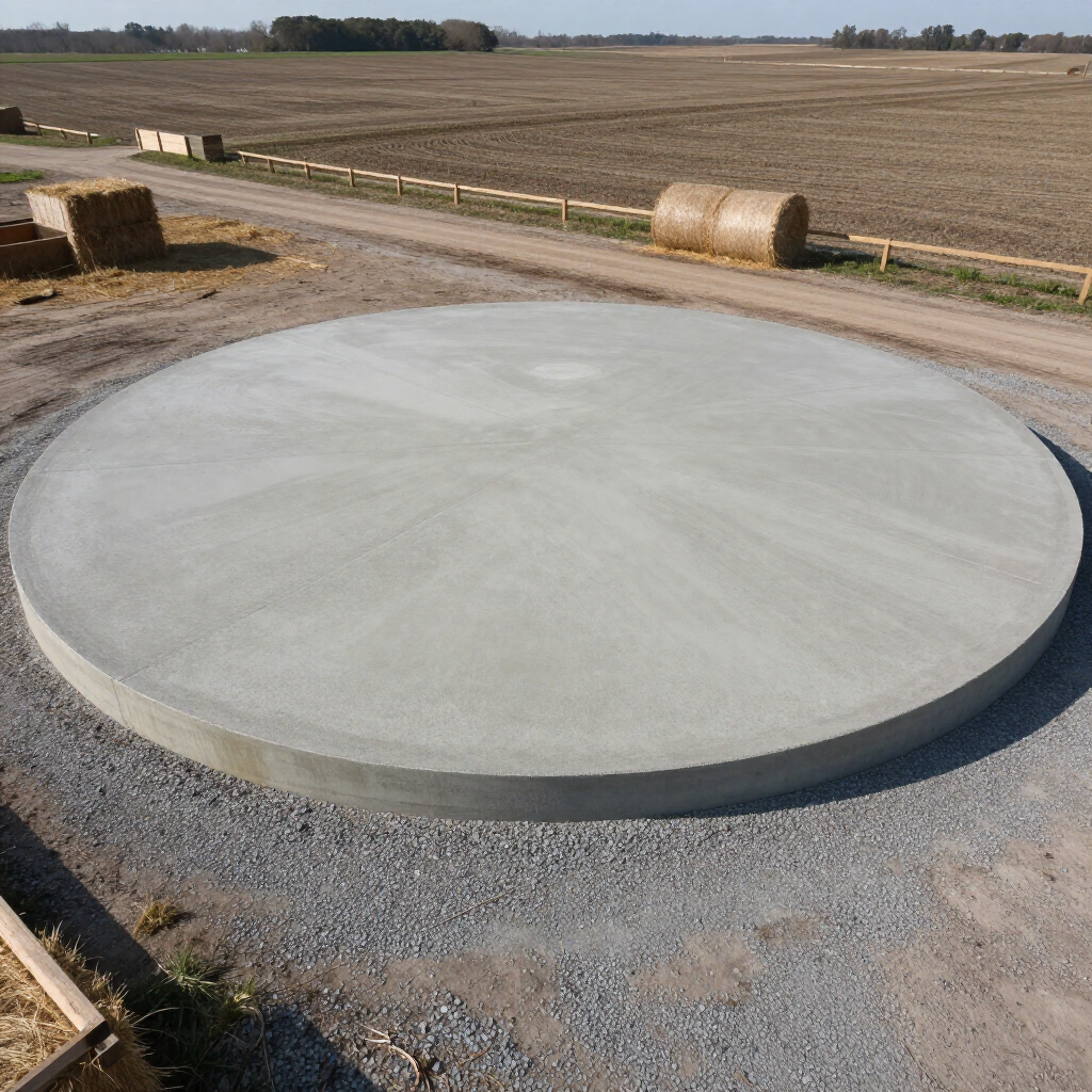 Large round concrete pad in a rural field, with hay bales and a gravel edge under clear skies.