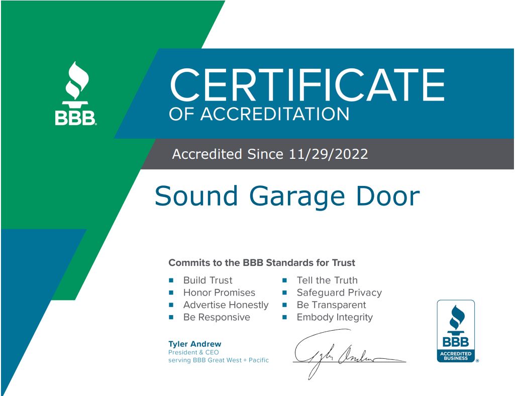 BBB certificate of accreditation for Sound Garage Door, blue and white with green accents