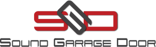 Sound Garage Door logo with red and black stylized garage door icon and text