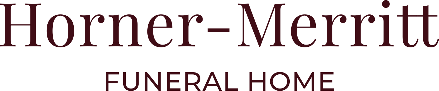 Text logo for Horner-Merritt Funeral Home in dark red. "FUNERAL HOME" is below the name in smaller font.