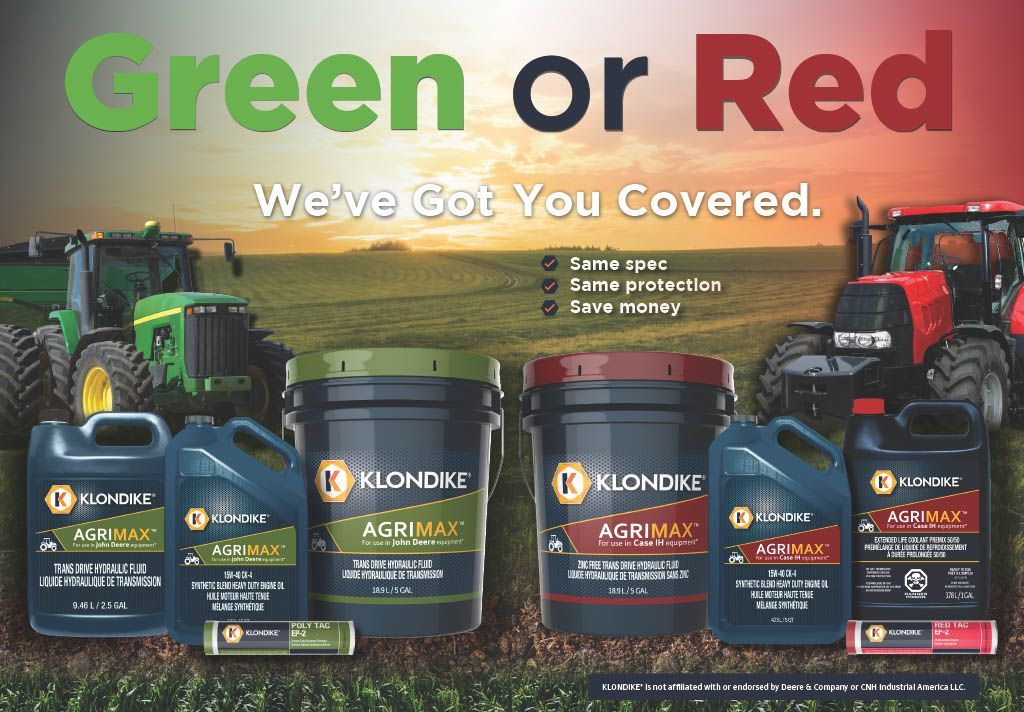 Agricultural lubricant ad with tractors and Klondike product containers in green, tan, and red tones