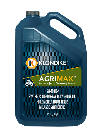 Blue Klondike Agrimax fuel jug with handle and yellow label for heavy-duty engine oil.