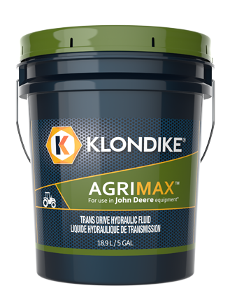 Black Klondike Agrimax transmission fluid pail with green lid and handle