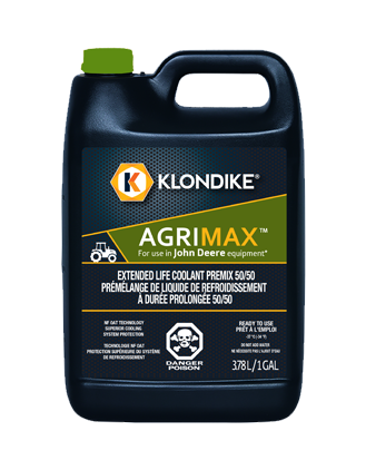 Black Klondike AGRIMAX engine oil jug with green cap and yellow label on white background