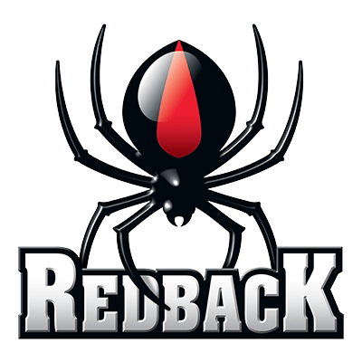 The redback logo has a black spider with a red spot on its head.