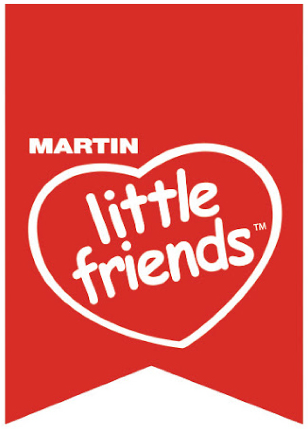 Martin's Little Friends logo: white text on a heart shape, set against a red background.