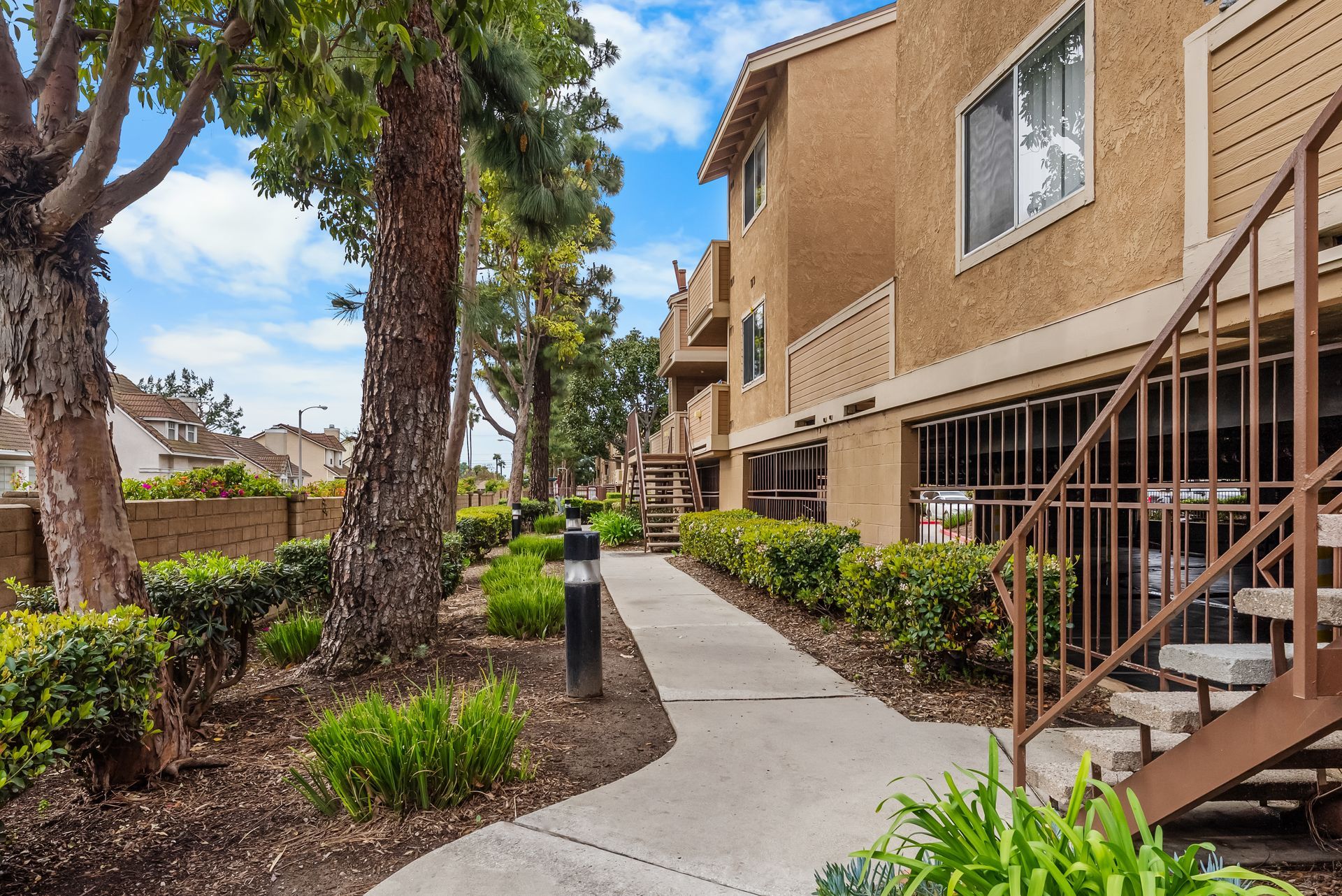 paved walkway with apartment and trees