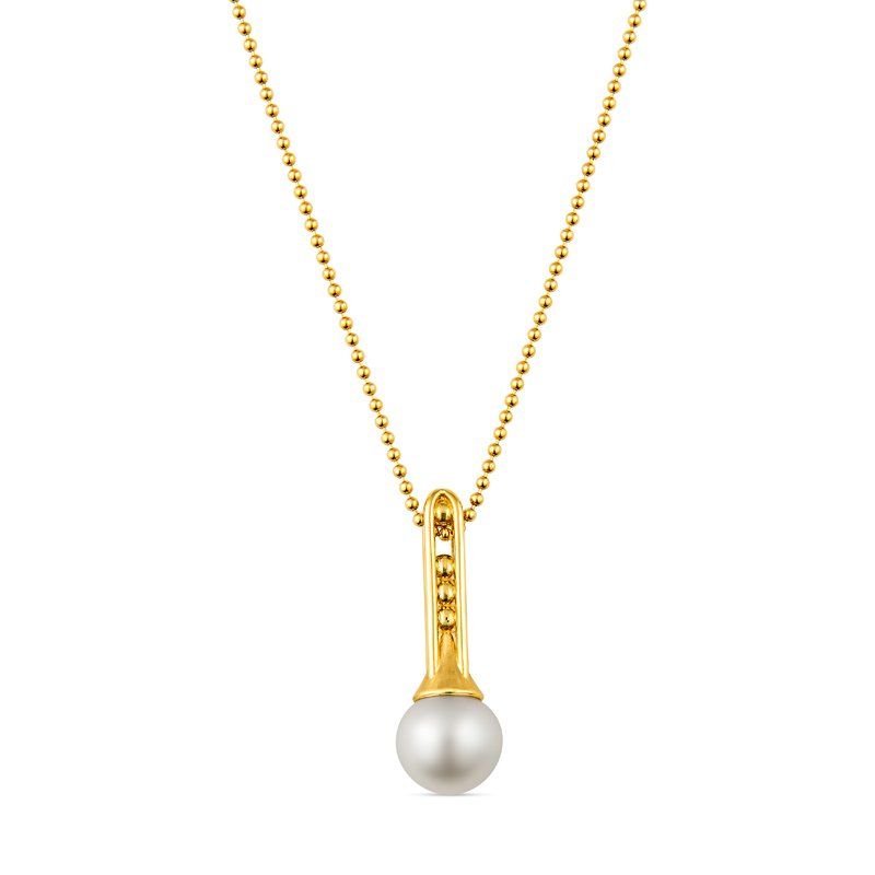 A gold necklace with a white pearl pendant