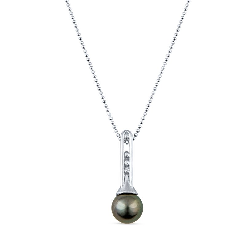 A necklace with a black pearl and diamonds on a chain.