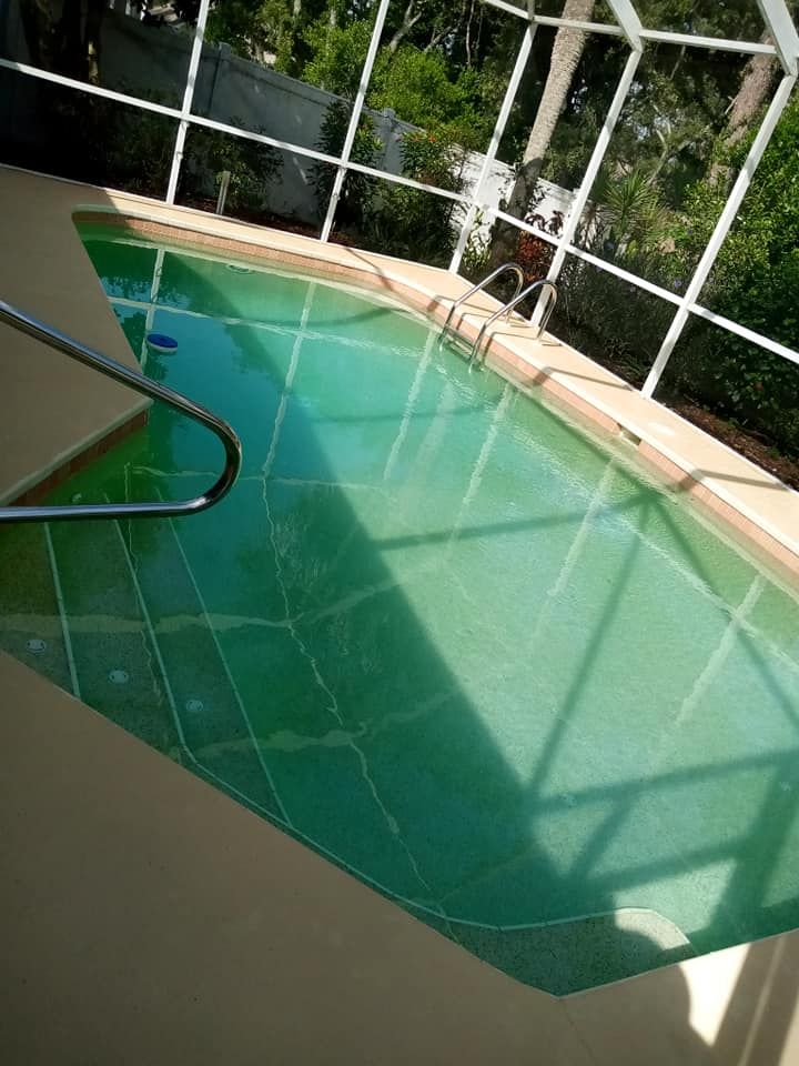 A rectangular outdoor pool with green water. Metal handrails and a screen enclosure are visible.