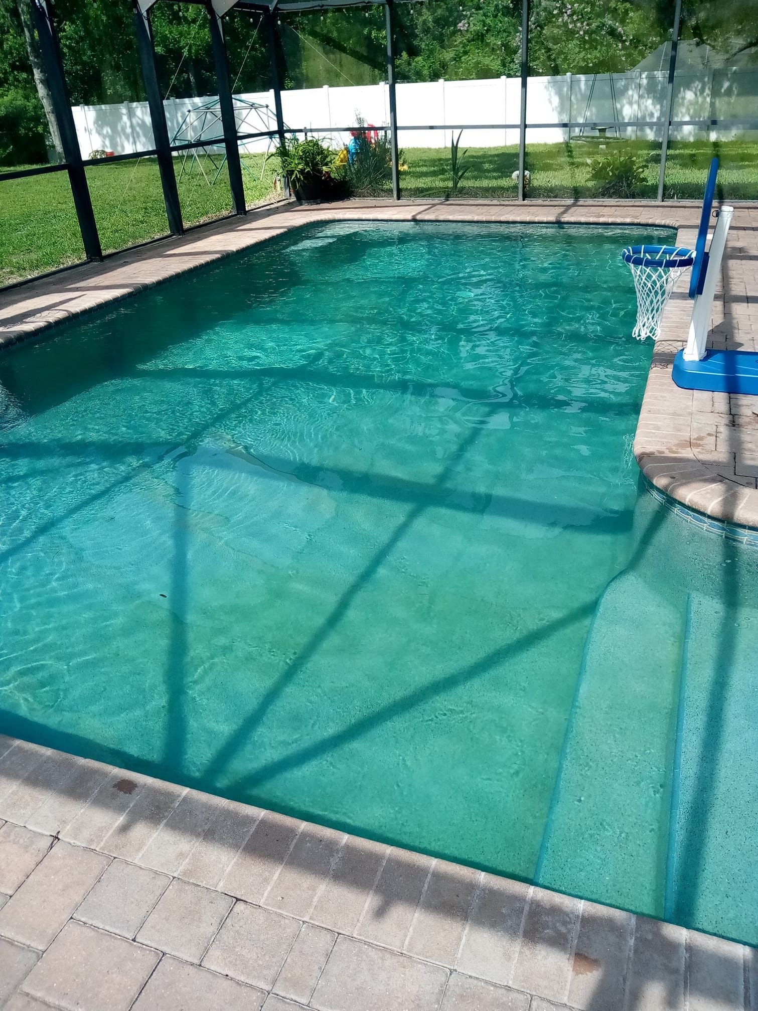 Swimming pool with clear turquoise water, steps, and a basketball hoop. The pool is surrounded by a screened enclosure.