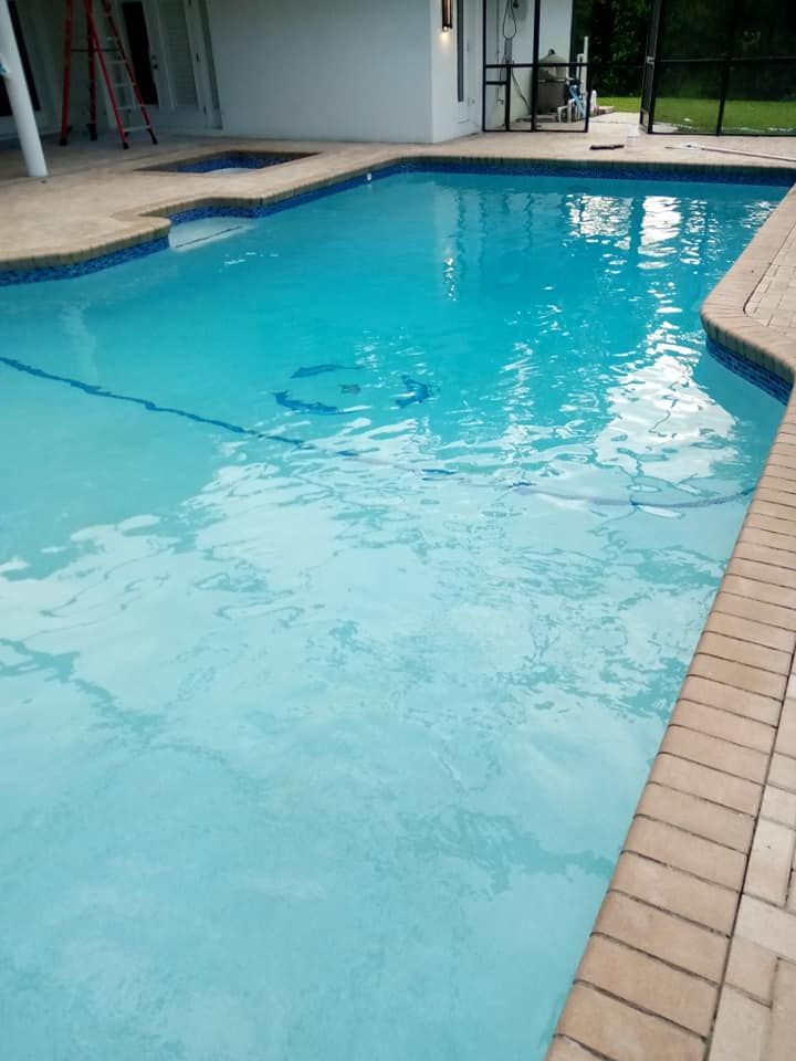 A blue swimming pool with a tan brick border. The pool is in a backyard setting.
