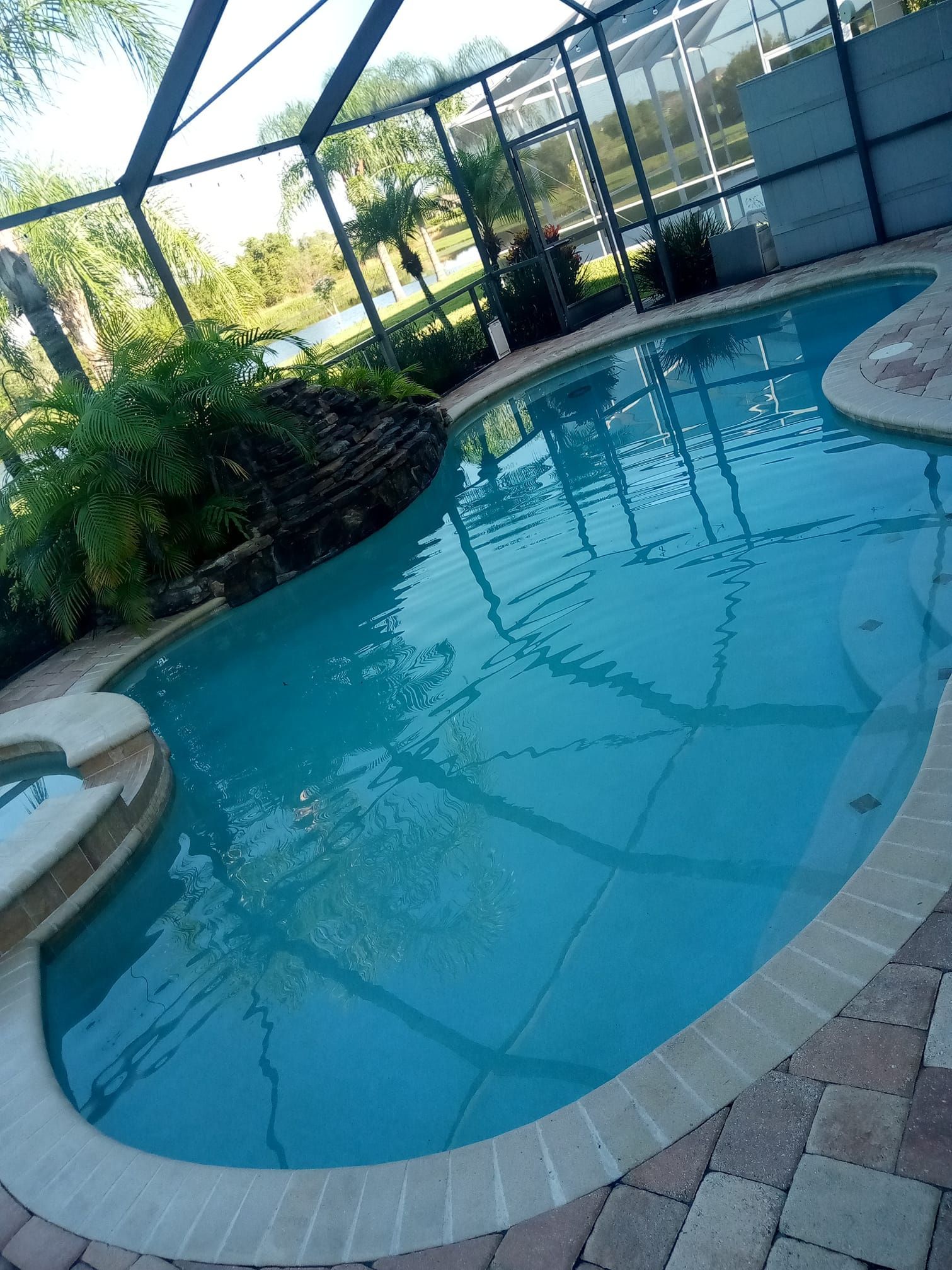 Swimming pool with blue water and surrounding patio. Enclosed by screened structure, with landscaping.