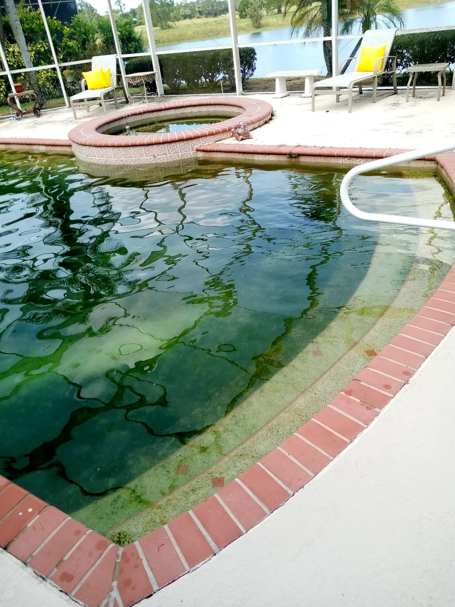 Green algae-filled swimming pool with brick trim and a surrounding patio. A hot tub is in the background.