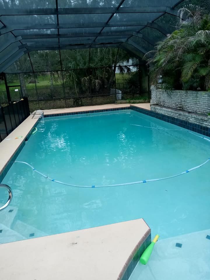 Swimming pool enclosed in a screened patio, filled with blue water. A green pool toy rests on the edge.