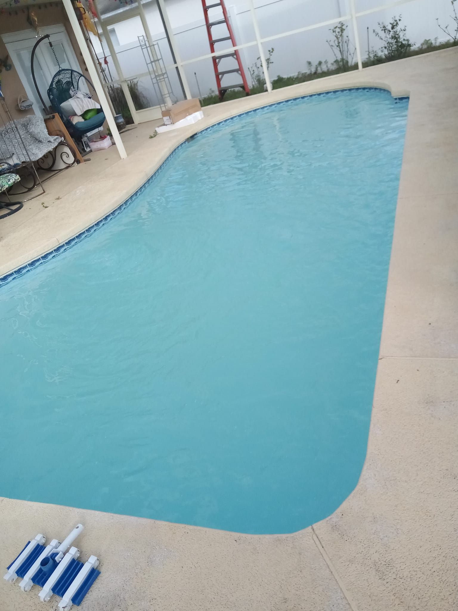 Blue swimming pool with light-colored concrete deck; cleaning tools lie on the deck.
