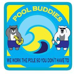 Two cartoon bears in swim trunks holding floaties; the logo reads "Pool Buddies: We work the pole so you don't have to."