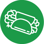 White line icon of a burrito on a green circular background
