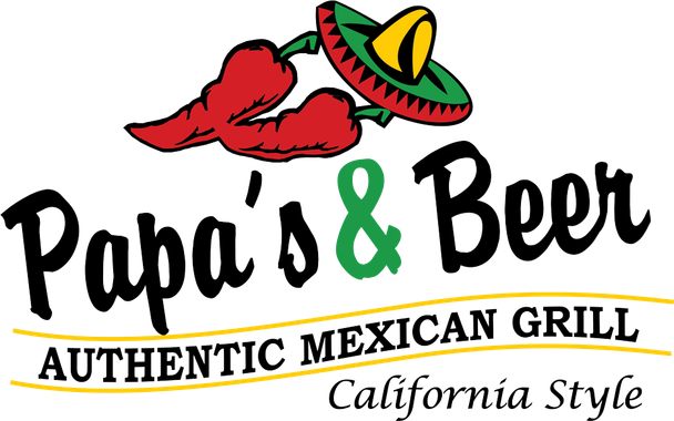 Papa's & Beer Mexican Grill logo with red chili peppers and a sombrero, “Authentic Mexican Grill, California Style”