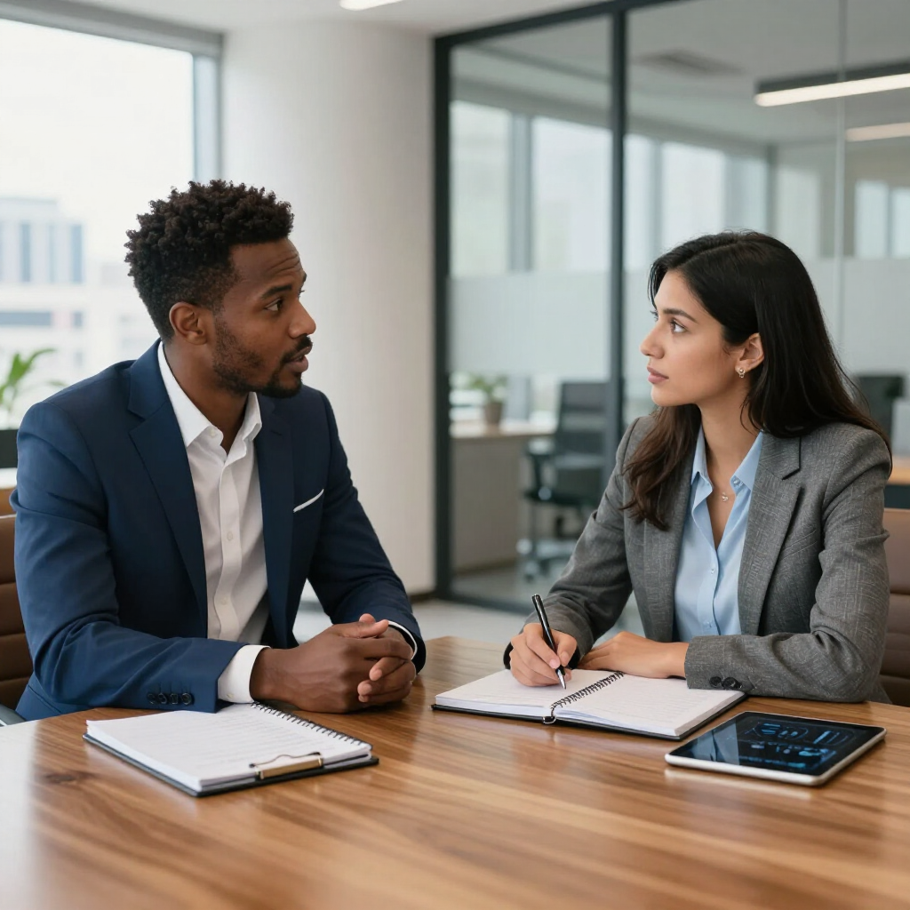 Two coworkers talking at a conference table with notebooks in a bright office
