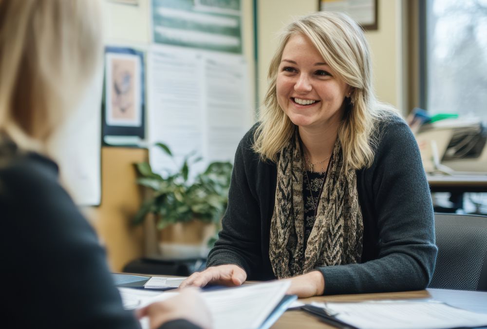 Smiling woman seated at a desk across from another person in a bright office setting