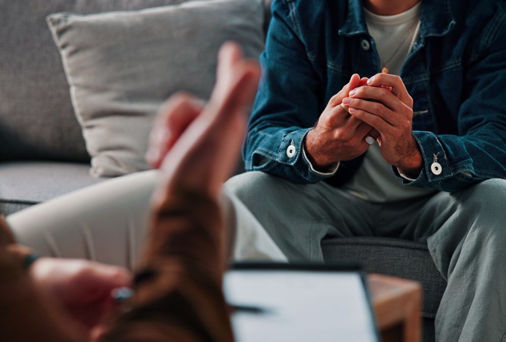 Two people in a living room, one speaking with hands clasped while the other listens across a laptop