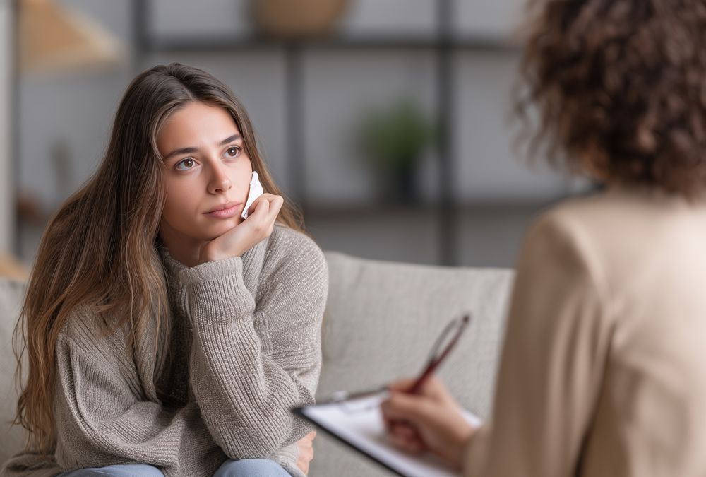 Woman listening to a therapist during a counseling session, with a notebook and pen in hand.