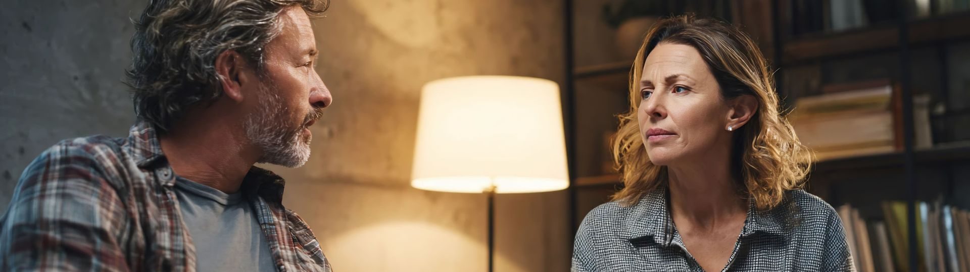Two people talking in a warmly lit room with a lamp between them