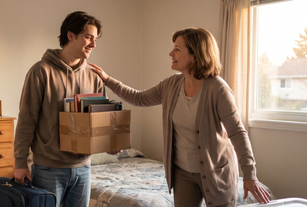 Two people in a bedroom unpacking moving boxes, smiling and talking by the window.