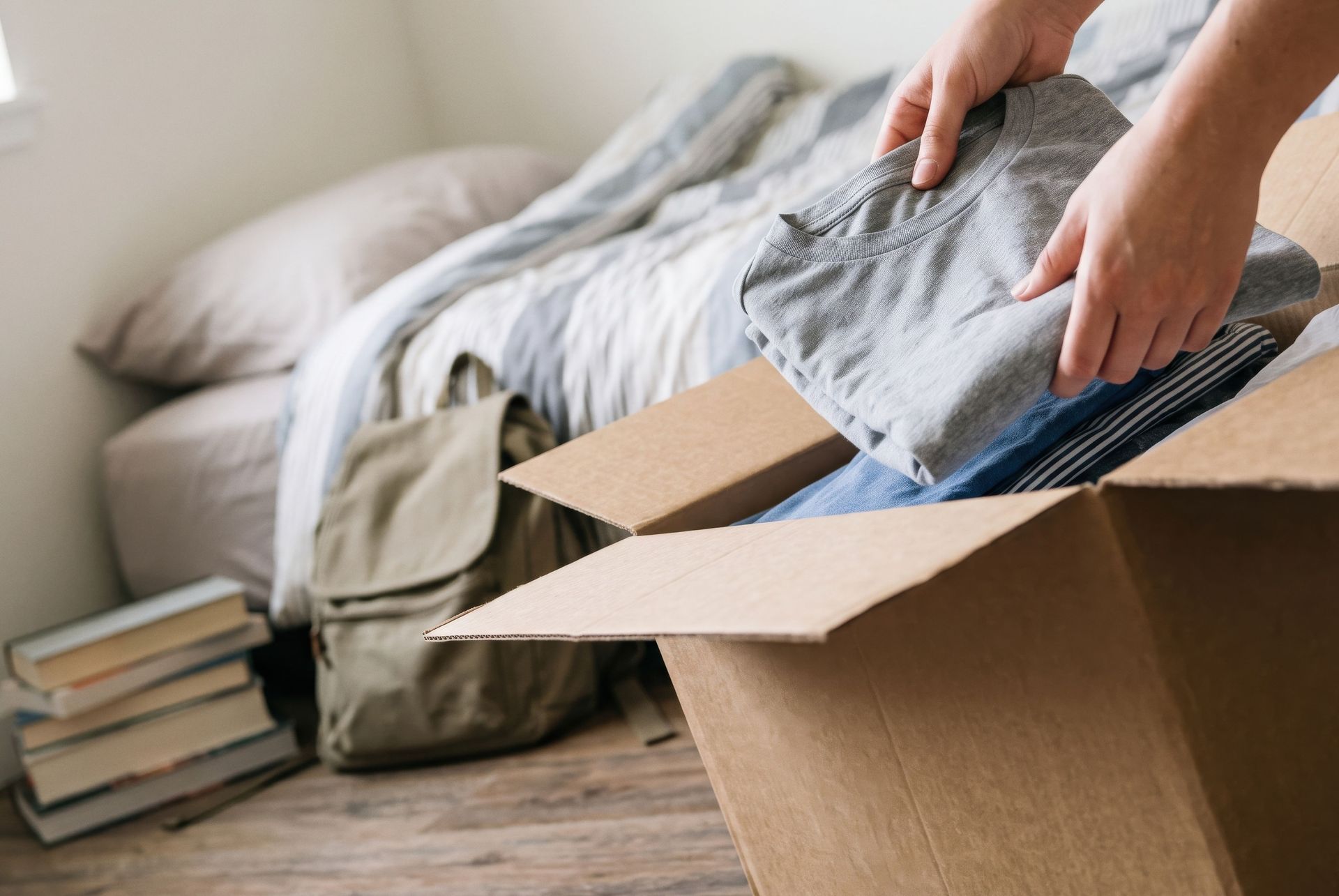 Hands packing folded clothes into a cardboard box in a bedroom with books and a bed nearby