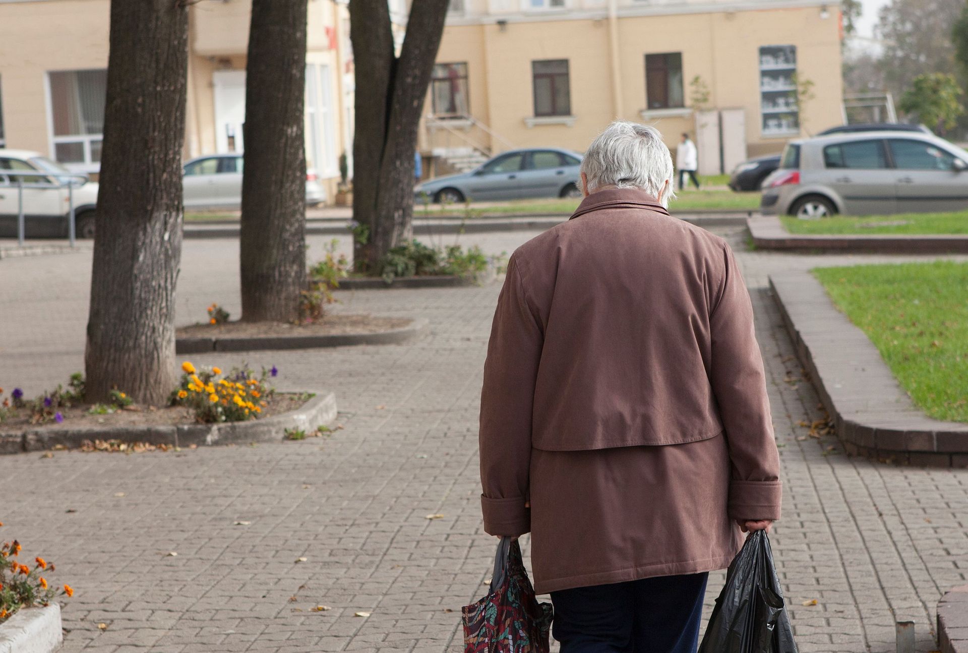 Person walking away on a paved sidewalk in a park, carrying two bags, with cars and buildings nearby