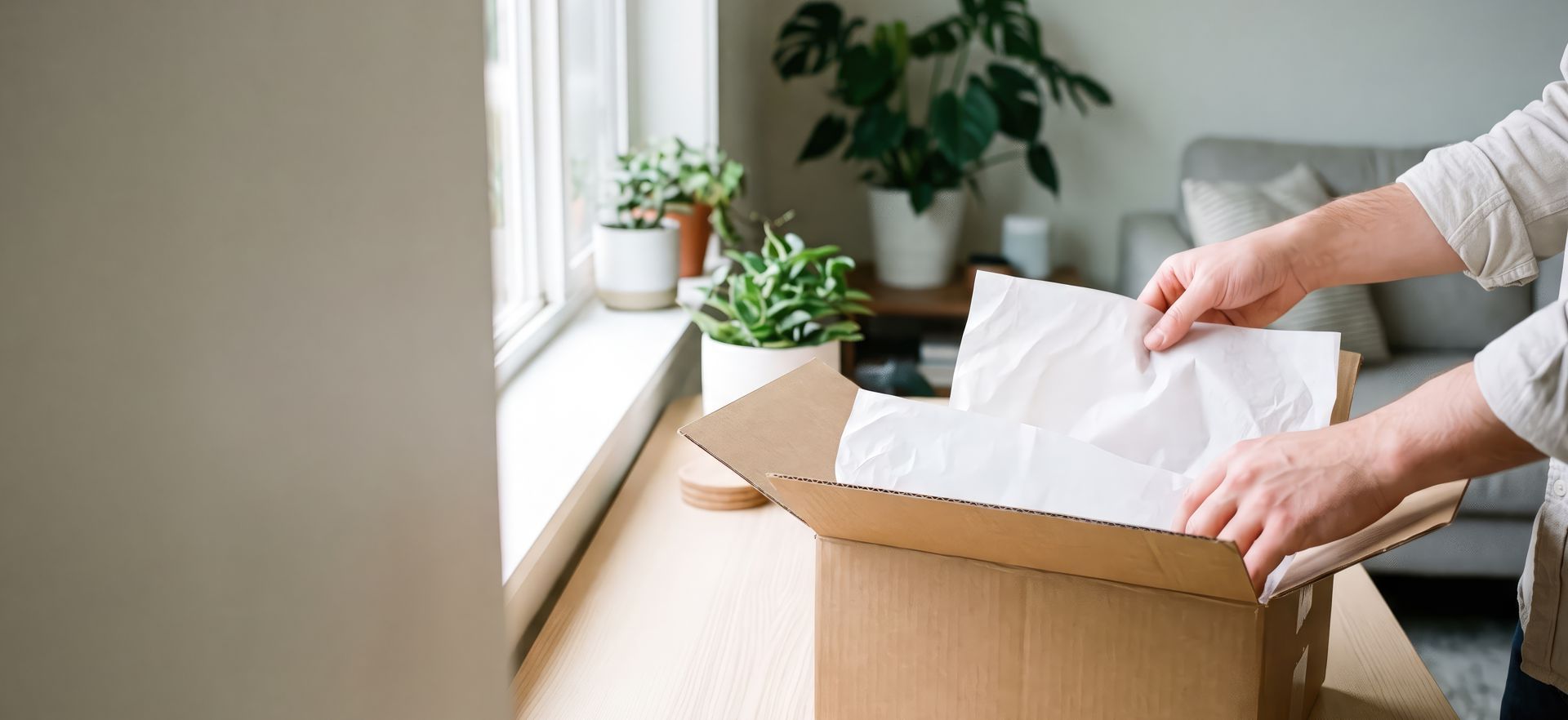 Hands packing white paper into a cardboard box by a sunlit window with potted plants