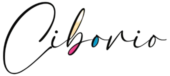Logo stilizzato “Ciboria” in corsivo nero con piccoli segni di accento blu e rosa.