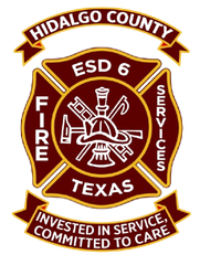 Hidalgo County ESD 6 fire services emblem in maroon, gold, and white with crossed axes and hose