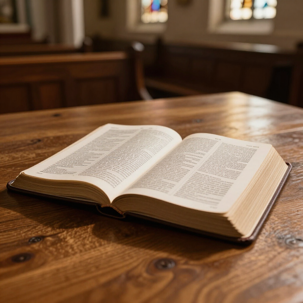 Bible open laying flat on table