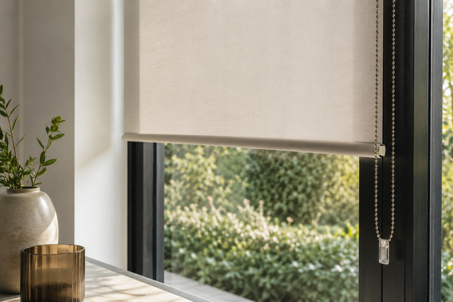 Una tenda a rullo beige su una finestra con vista sul verde, accanto a un vaso e una candela di vetro su un tavolo illuminato dal sole.