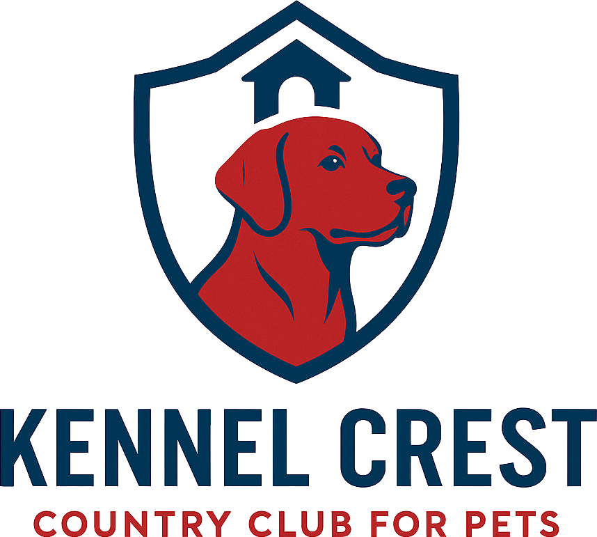 The logo for kennel crest country club for pets shows a dog on a shield.