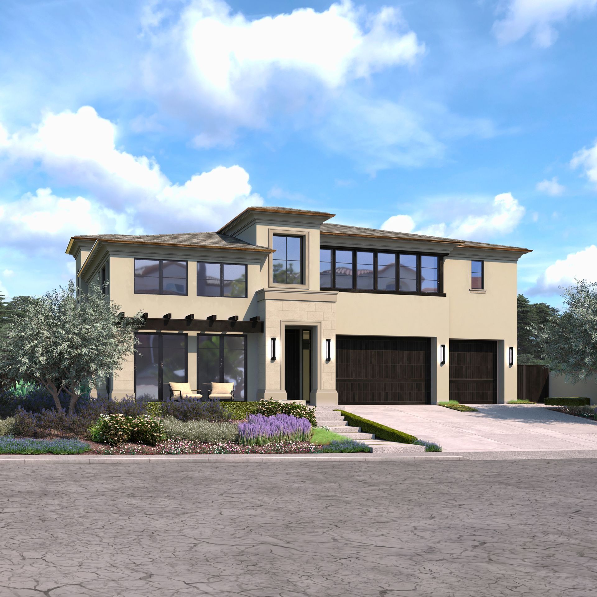 Modern two-story beige house with dark garage doors, windows, and a pergola. Landscaping in front, blue sky.