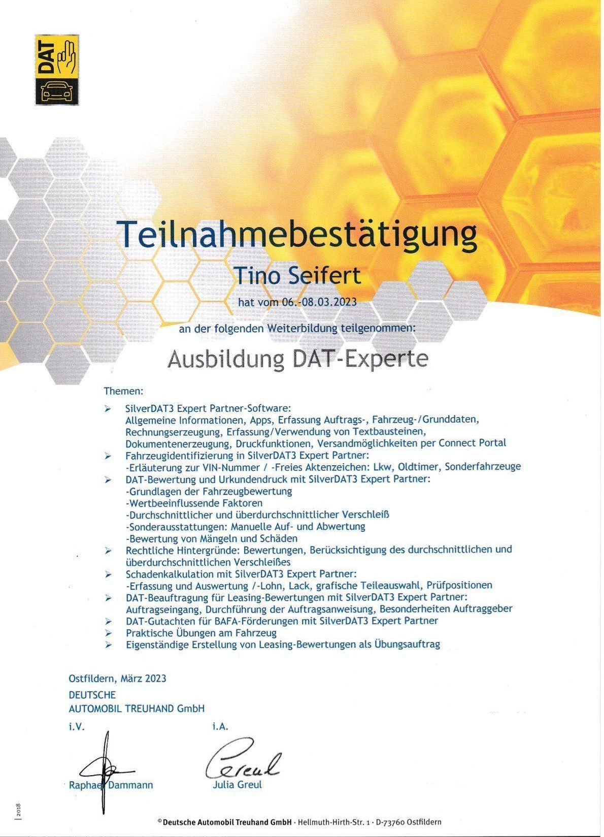 Ausbildung zum DAT Expert Partner, Kfz-Gutachter Tino Seifert