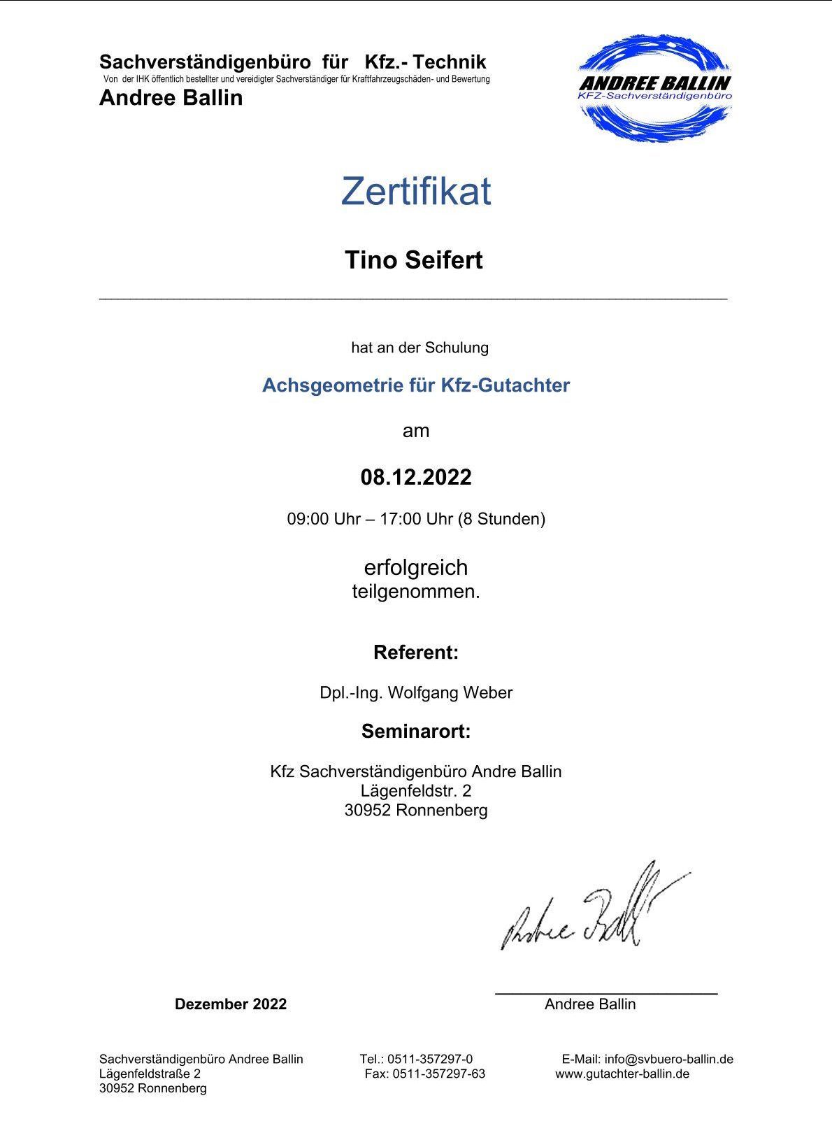 Teilnahmezertifikat  Achsgeometrie für Kfz-Gutachter Tino Seifert