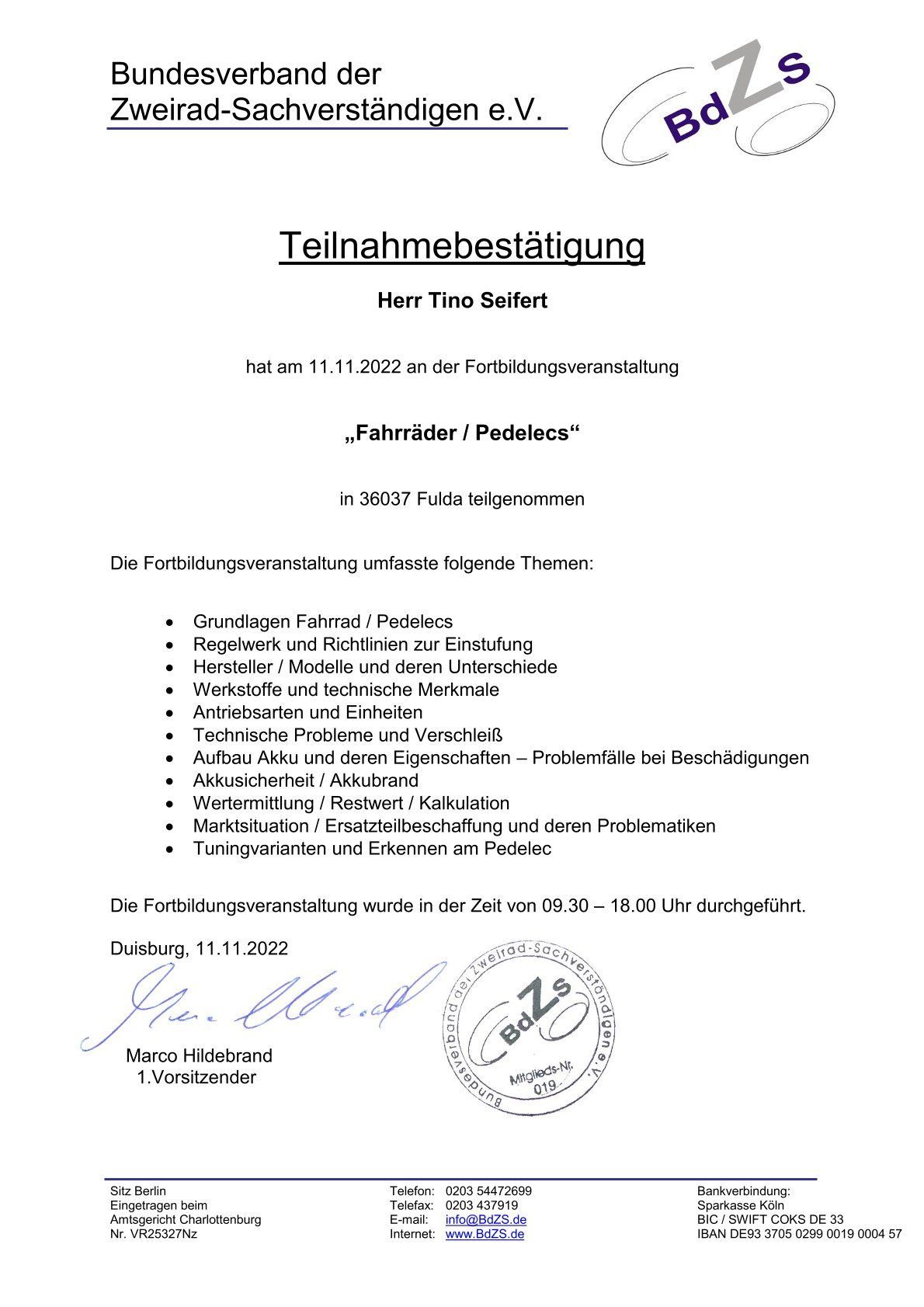 Teilnahmezertifikat Gutachter für Fahrräder und Pedelecs Tino Seifert
