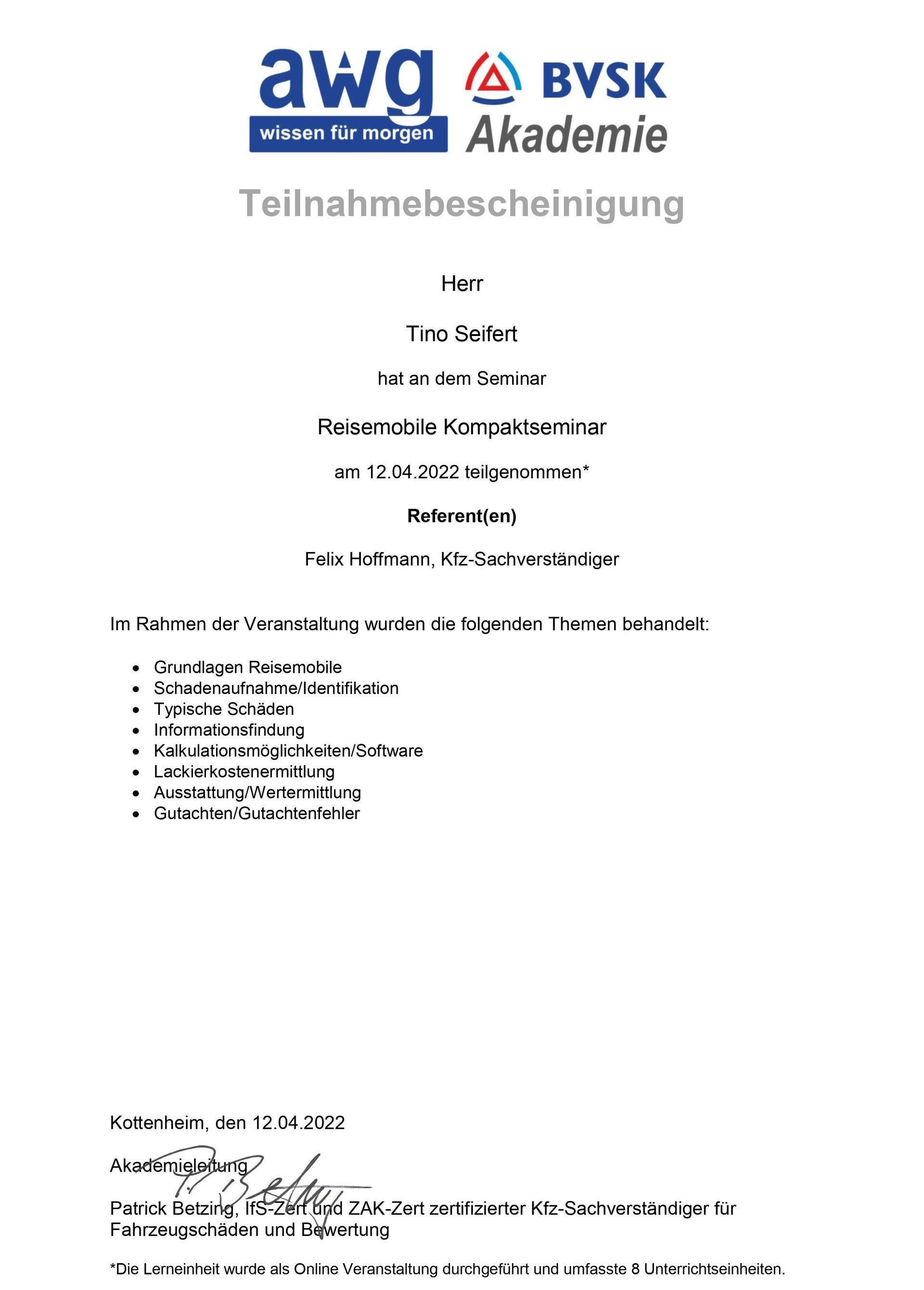 Teilnahmezertifikat Gutachter für Reisemobile Tino Seifert