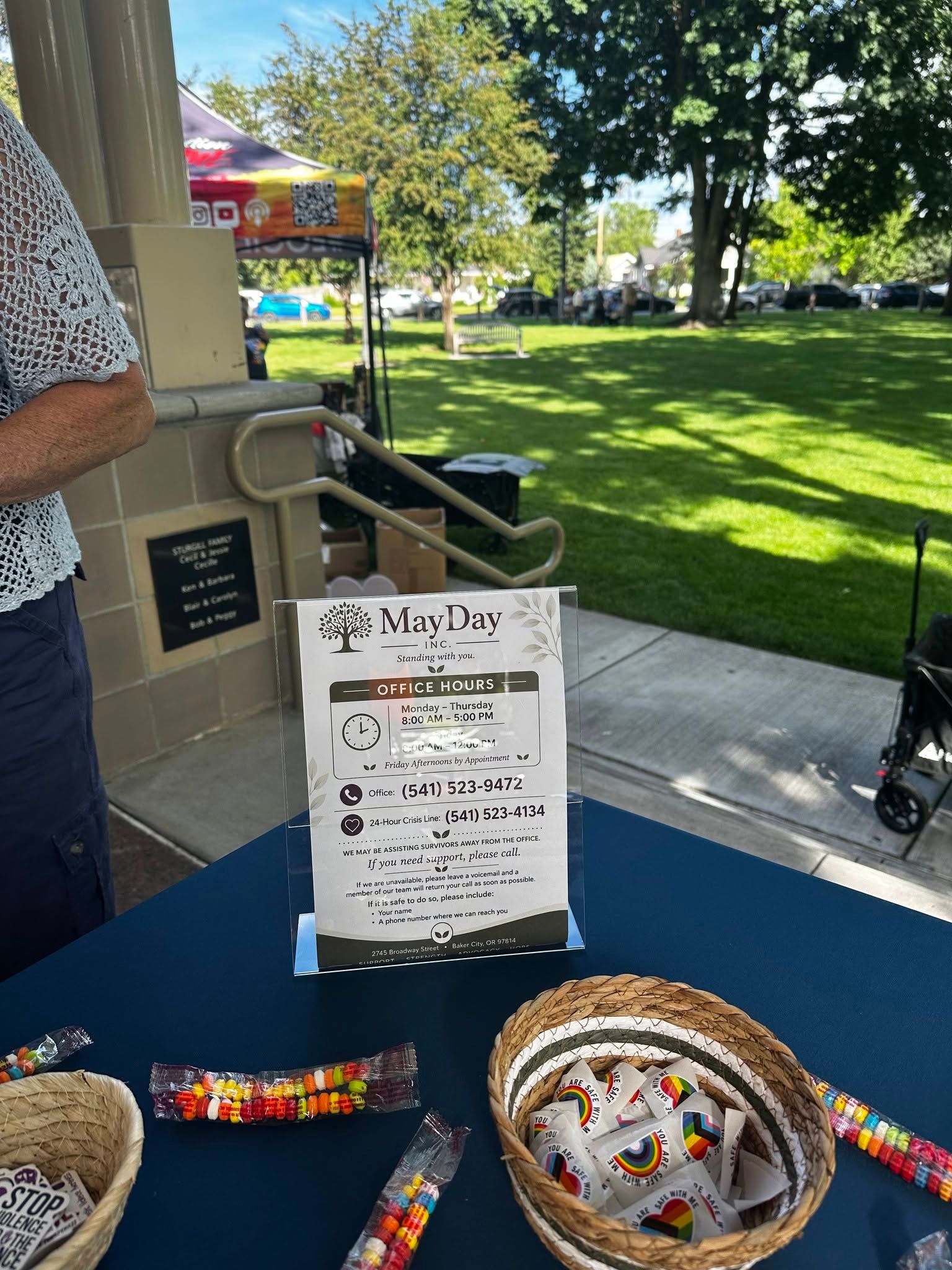 Outdoor bake sale table with a “Baked Goods” sign, candy, and a basket of treats in a park pavilion.