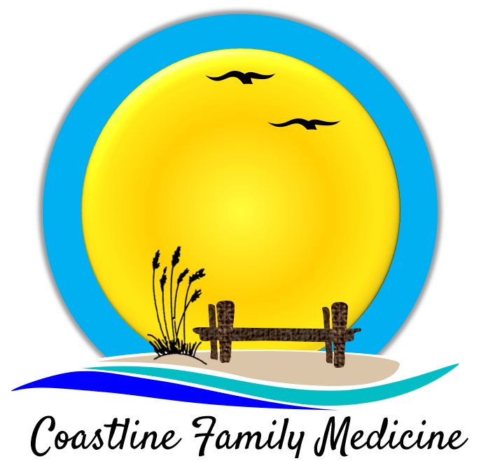 A logo for coastline family medicine with a yellow sun and birds