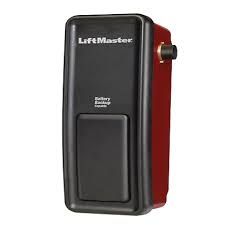 Black LiftMaster garage door opener with red side panel and gray control button