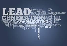 A lead generation word cloud on a blue background.