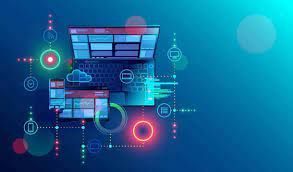 A laptop computer is surrounded by icons on a blue background.