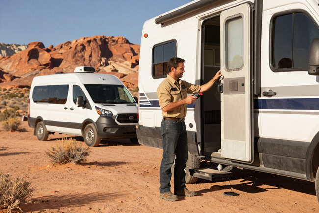 Mobile RV technician inspecting a travel trailer on site in Southern Utah